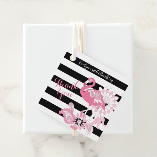 Dank U Zwart-wit Streep Roze Flamingo Bedankjes Labels (In situ)