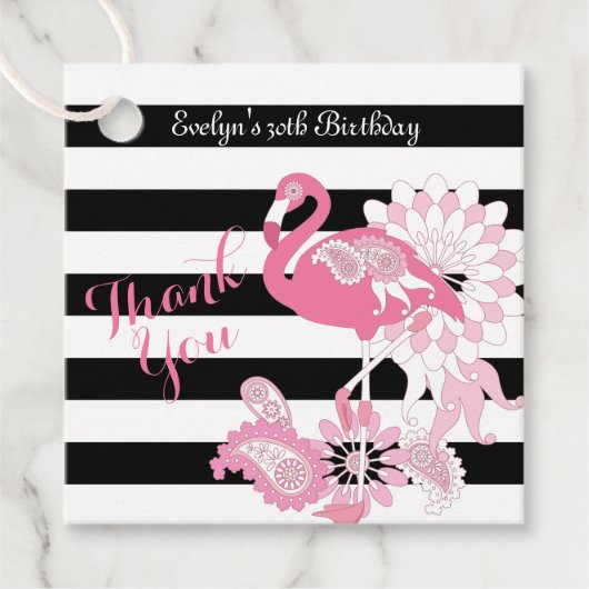 Dank U Zwart-wit Streep Roze Flamingo Bedankjes Labels (Voorkant)
