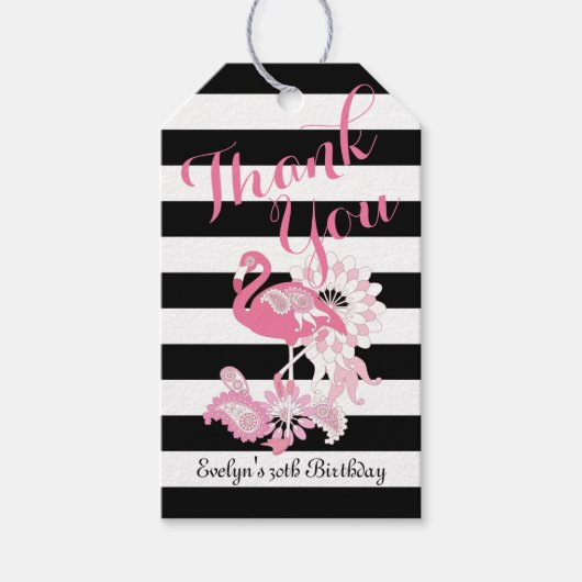 Dank U Zwart-wit Streep Roze Flamingo Cadeaulabel (Voorkant)