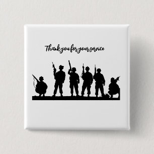 Dank voor je dienst soldaten zwart-wit vierkante button 5,1 cm