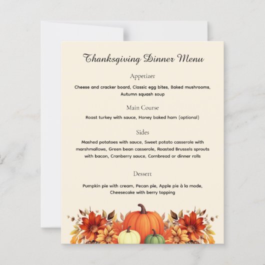 Dankbaar Bericht Thanksgiving Dinner Menu (Voorkant)