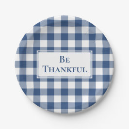 Dankbaar Blauw Wit Gingham Plaid Thanksgiving Papieren Bordje