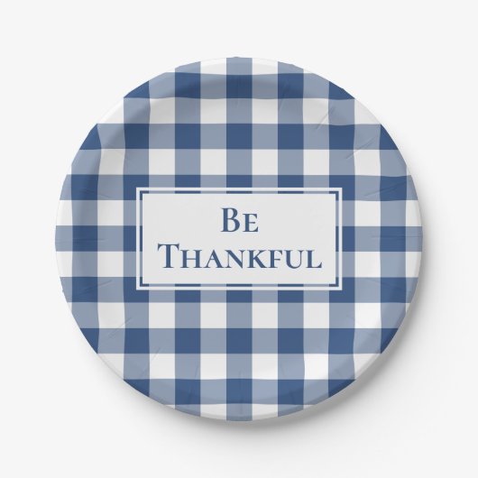Dankbaar Blauw Wit Gingham Plaid Thanksgiving Papieren Bordje (Voorkant)