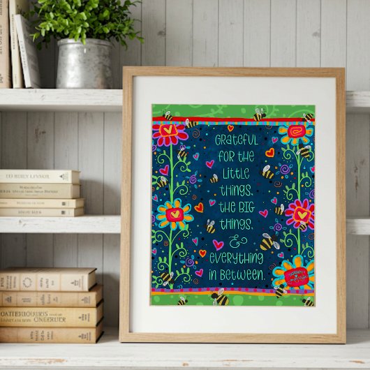 Dankbaar citaat Groen Blauw Bloemen Whimsical Art Foto Afdruk