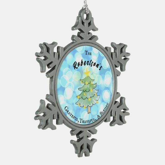 Dankbaar, dankbaar en gezegend gepersonaliseerd tin sneeuwvlok ornament (Links)