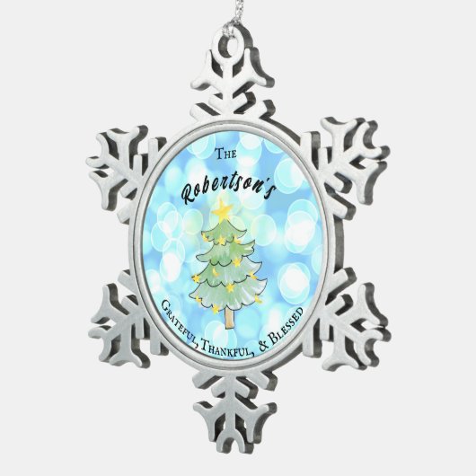 Dankbaar, dankbaar en gezegend gepersonaliseerd tin sneeuwvlok ornament (Rechts)