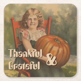 Dankbaar en dankbaar |  meisje met pompoen kartonnen onderzetters