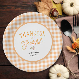 Dankbaar En Erkentelijk Oranje Gingham Thanksgivin Papieren Bordje