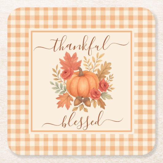 Dankbaar en gezegend pompoen | Herfst Thanksgiving Kartonnen Onderzetters (Voorkant)