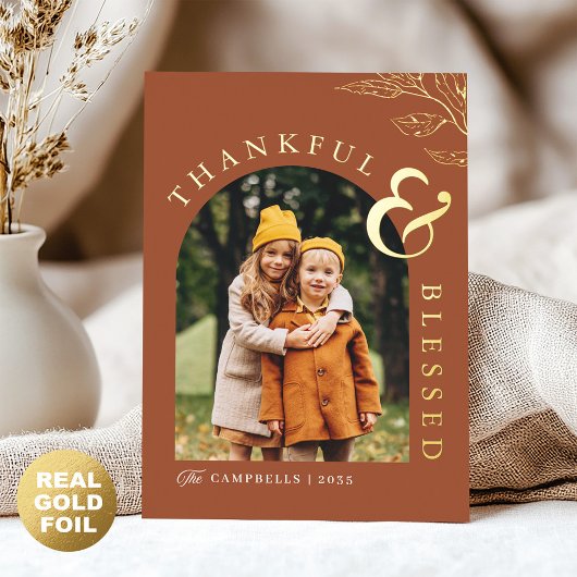 Dankbaar en gezegend Thanksgiving Rustic Leaf Gold Folie Feestdagenkaart