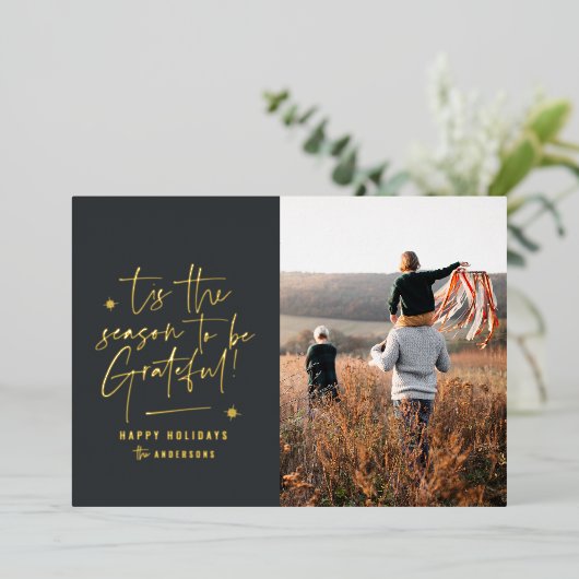 Dankbaar erkentelijk modern minimaal elegant scrip folie feestdagenkaart (Staand Voorkant)