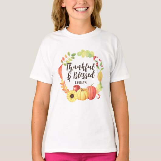 Dankbaar & gezegend bladeren pompoen Thanksgiving T-shirt (Voorkant)