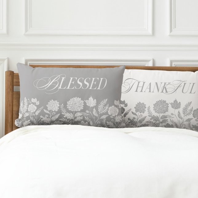Dankbaar & Gezegend Herfst Bladgroen & Bloemen Gri Kussen (Thankful & Blessed Fall Foliage & Flowers Grey Lumbar Pillow)