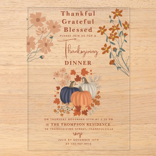 Dankbaar Gezegend Pompoen Thanksgiving Acryl Uitnodigingen (Voorkant)