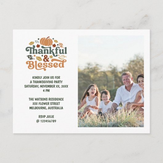 Dankbaar & Gezegend Thanksgiving Foto Uitnodiging (Voorkant)