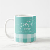 Dankbaar Gezegend Turkoois & Wit Plaid Koffiemok (Links)