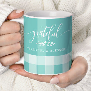 Dankbaar Gezegend Turkoois & Wit Plaid Koffiemok