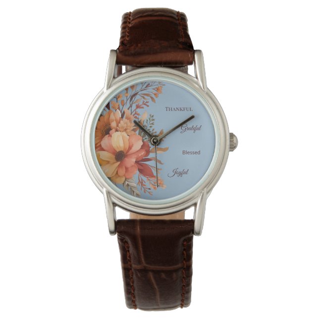 Dankbaar Grategul Gezegend Bloemen Thanksgiving Horloge (Voorkant)