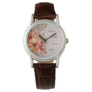 Dankbaar Grategul Gezegend Bloemen Thanksgiving Horloge