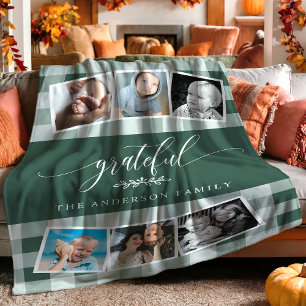 Dankbaar groen geruit herfst familie 6 foto collag fleece deken