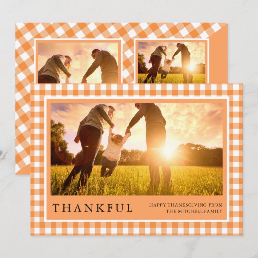 dankbaar | Happy Thanksgiving Drie Foto Gingham Feestdagenkaart (Voorkant / Achterkant)