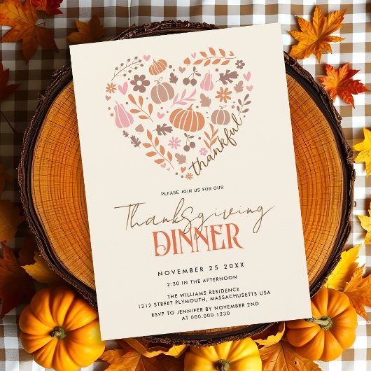 Dankbaar hart met pompoenen Thanksgiving diner Kaart