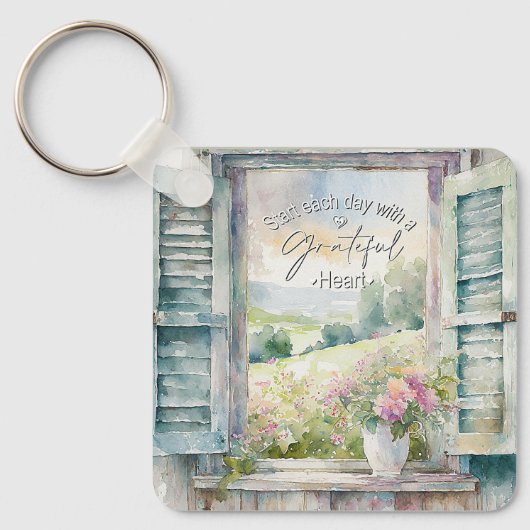 Dankbaar hart waterverf bloemenvenster sleutelhanger (Voorkant)