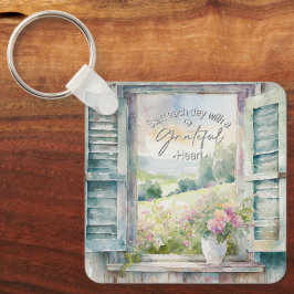 Dankbaar hart waterverf bloemenvenster sleutelhanger