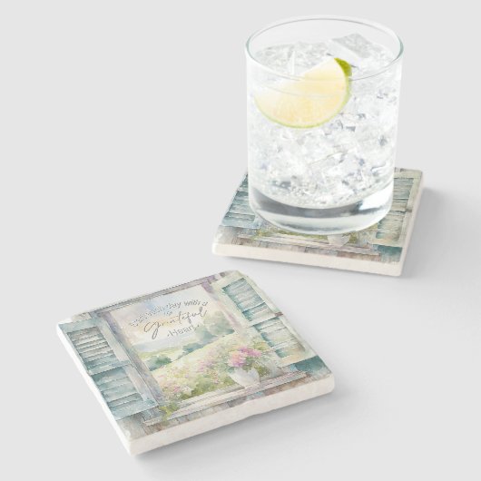 Dankbaar hart waterverf bloemenvenster stenen onderzetter (Zijkant)