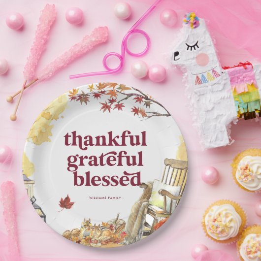 dankbaar | Herfst Thanksgiving Monogram Papieren Bordje (Feest)