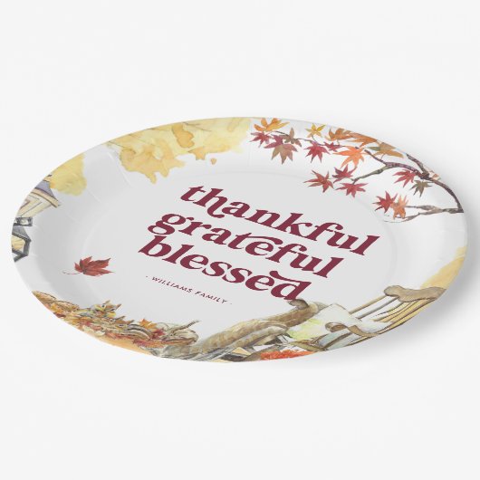 dankbaar | Herfst Thanksgiving Monogram Papieren Bordje (Gekanteld)