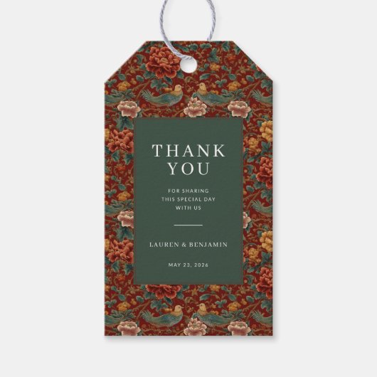 Dankbaar Maroon Bloemmotief met Vogels Cadeaulabel (Voorkant)
