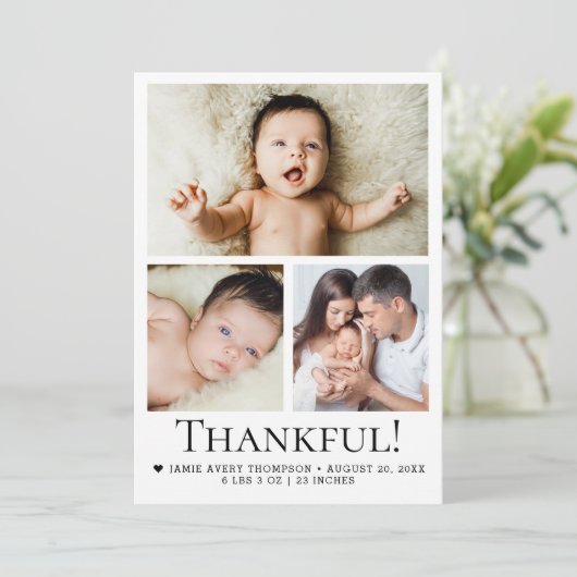 Dankbaar! Moderne baby met drie foto's Bedankkaart (Staand voorkant)