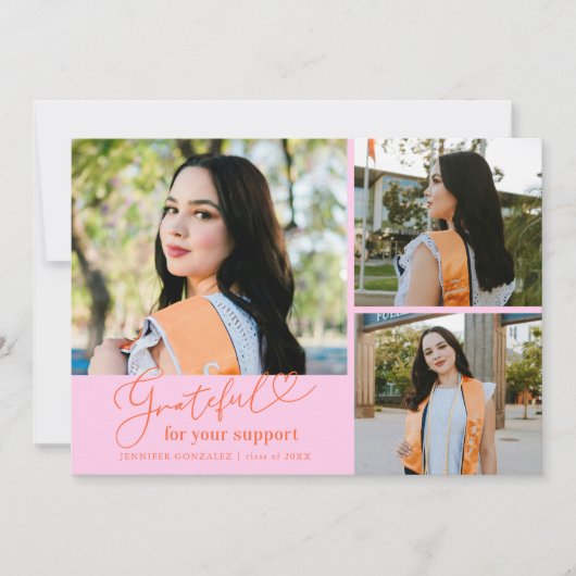 Dankbaar Oranje Roze Multi Foto Afstuderen Aankondiging (Voorkant)
