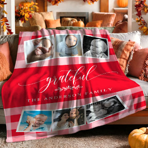 Dankbaar Rood Geruit Herfst Familie 6 Foto Collage Fleece Deken