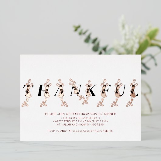 Dankbaar Roos Gold Fall bladeren Thanksgiving dine Folie Uitnodiging (Staand Voorkant)