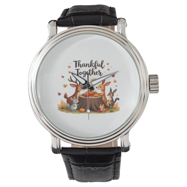 Dankbaar samen - Schattigee bosdieren Thanksgi Horloge (Voorkant)