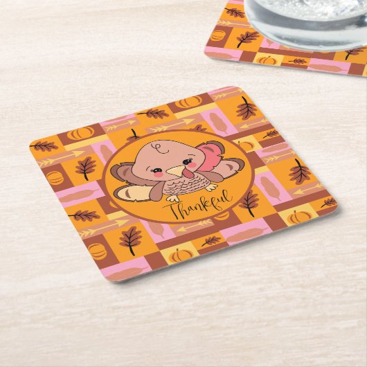 Dankbaar Schattige Turkije Thanksgiving Papieren O Kartonnen Onderzetters (Schuin)