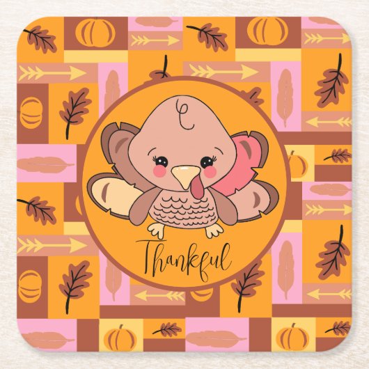 Dankbaar Schattige Turkije Thanksgiving Papieren O Kartonnen Onderzetters (Voorkant)