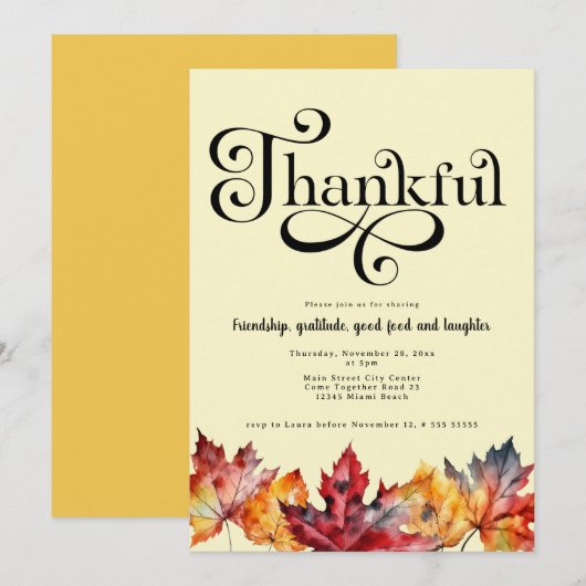 Dankbaar Schrift Waterverf bladeren Gele Mosterd Kaart (Voorkant / Achterkant)
