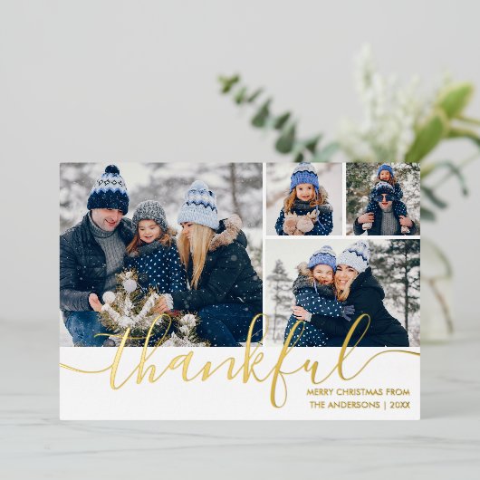 Dankbaar Script 4 Photo Christmas Gold Folie Feestdagenkaart (Staand Voorkant)