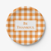 Dankbaar Sinaasappel Wit Gingham geruite Thanksgiv Papieren Bordje (Voorkant)