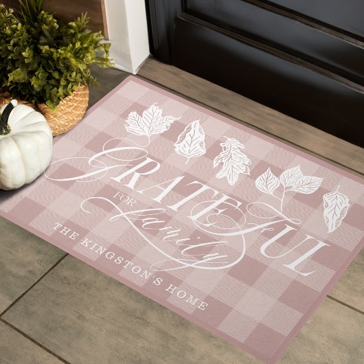 Dankbaar voor Family Custom Name Leaves Pink Plaid Deurmat