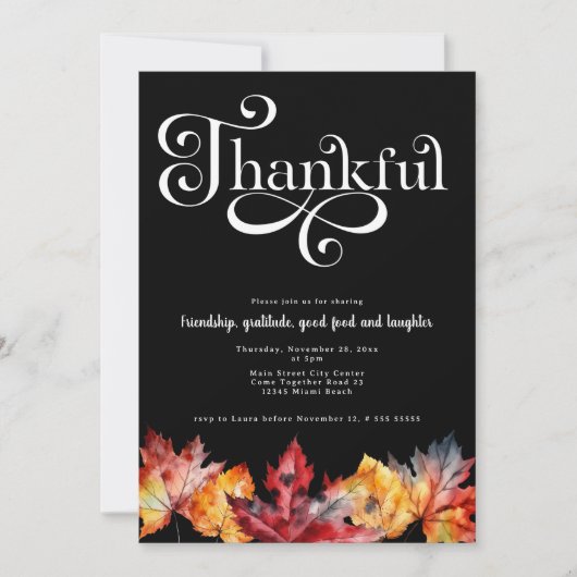 Dankbaar Witte Script Waterverf bladeren Zwart Kaart (Voorkant)