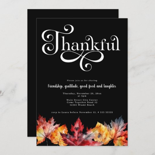 Dankbaar Witte Script Waterverf bladeren Zwart Kaart (Voorkant / Achterkant)