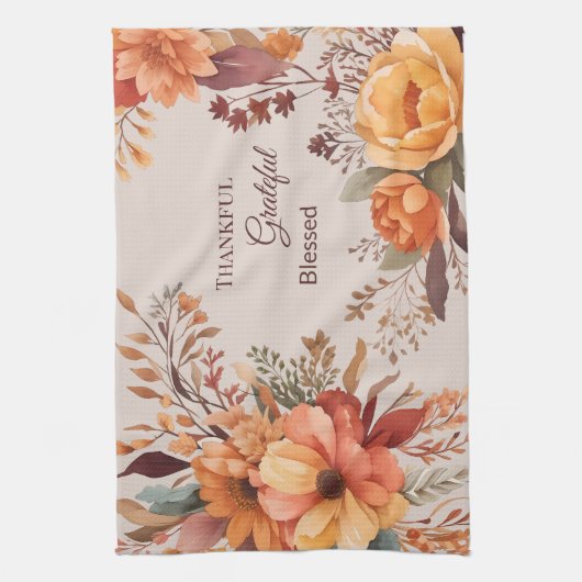 Dankbaar zalig gezegend Bloemen Thanksgiving Theedoek (Verticaal)