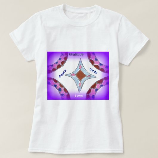 "Dankbaarheid Vrede Liefde Verenig" Mandala Art Pr T-shirt (Design voorkant)