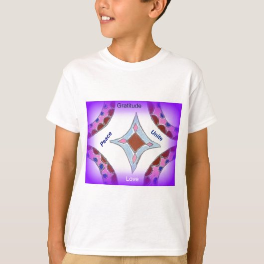 "Dankbaarheid Vrede Liefde Verenig" Mandala Art Pr T-shirt (Voorkant)