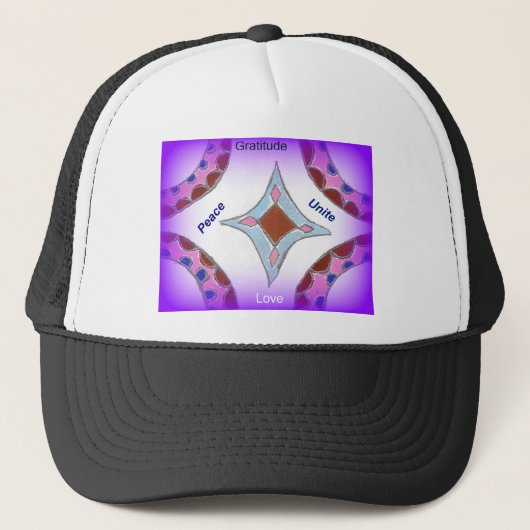 "Dankbaarheid Vrede Liefde Verenigen" Mandala Kuns Trucker Pet (Voorkant)