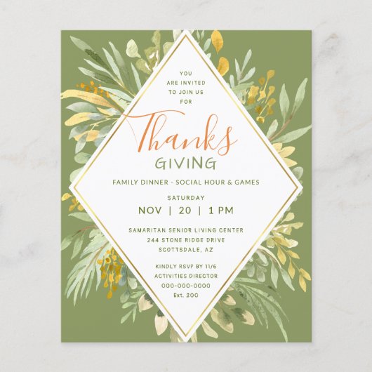 Dankbaarheidsdiner Elegante Gouden Bladeren Groene Flyer (Voorkant)